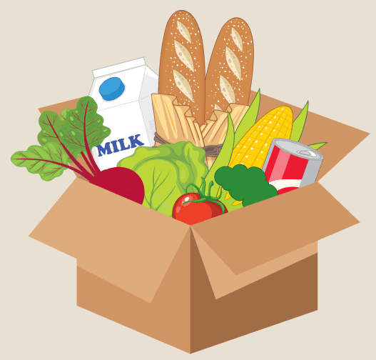 A cardboard box overflowing with groceries: milk, bread, and fresh vegetables