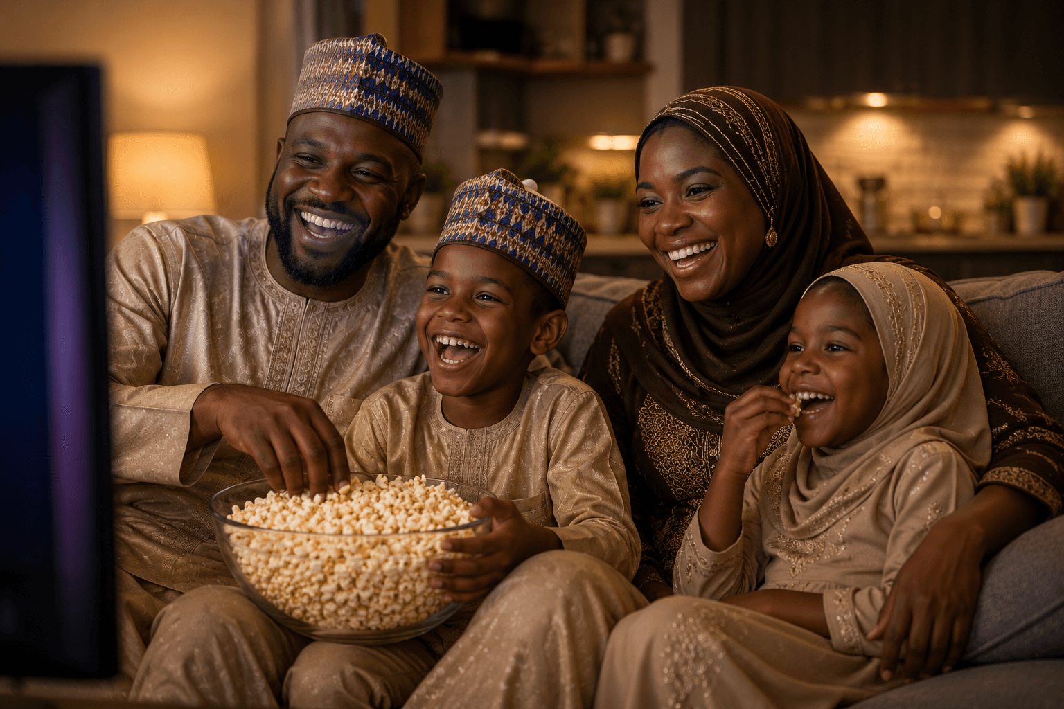 A family laughing together while sharing a bowl of popcorn on the couch