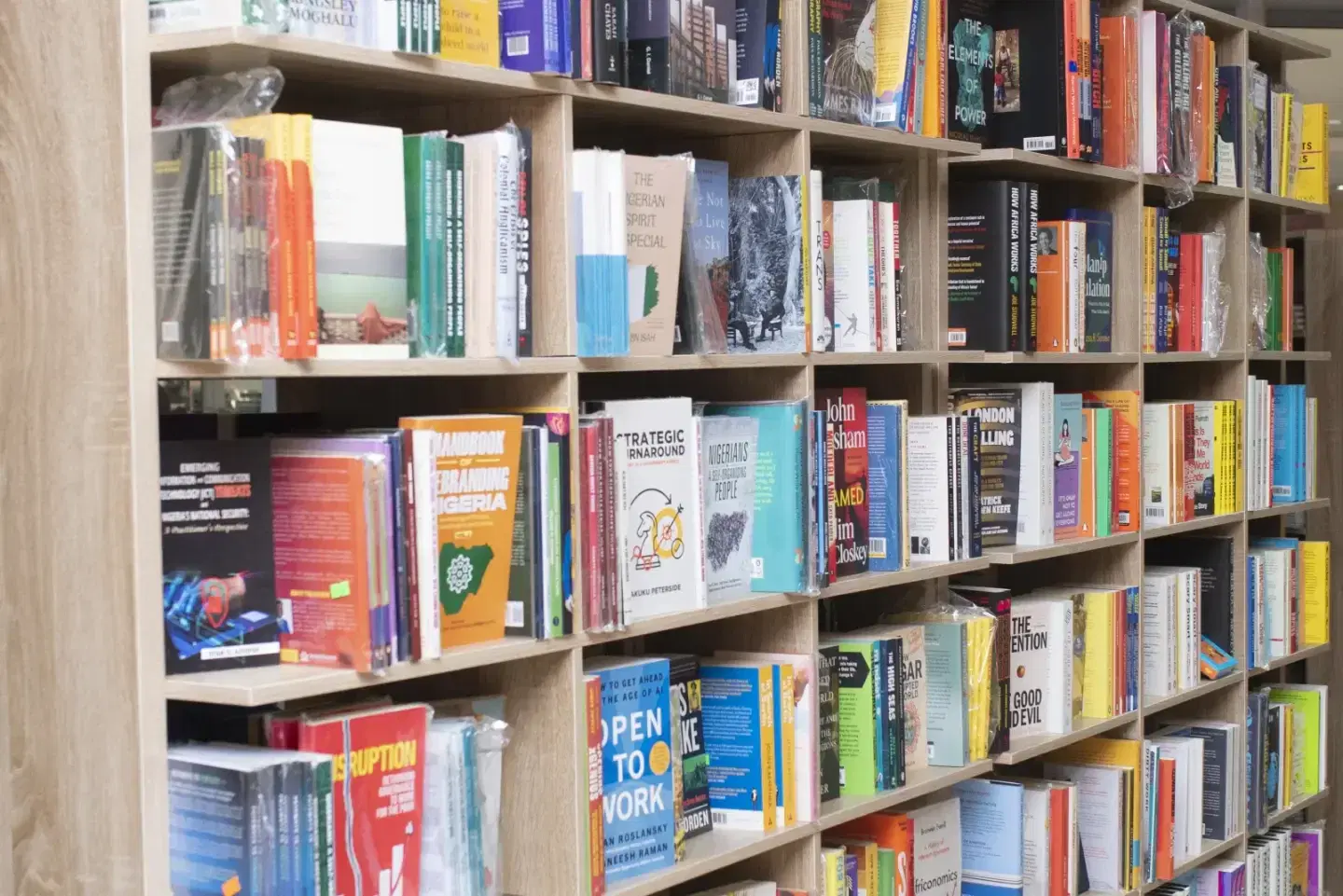 Wooden shelves densely packed with books, including titles on Nigeria