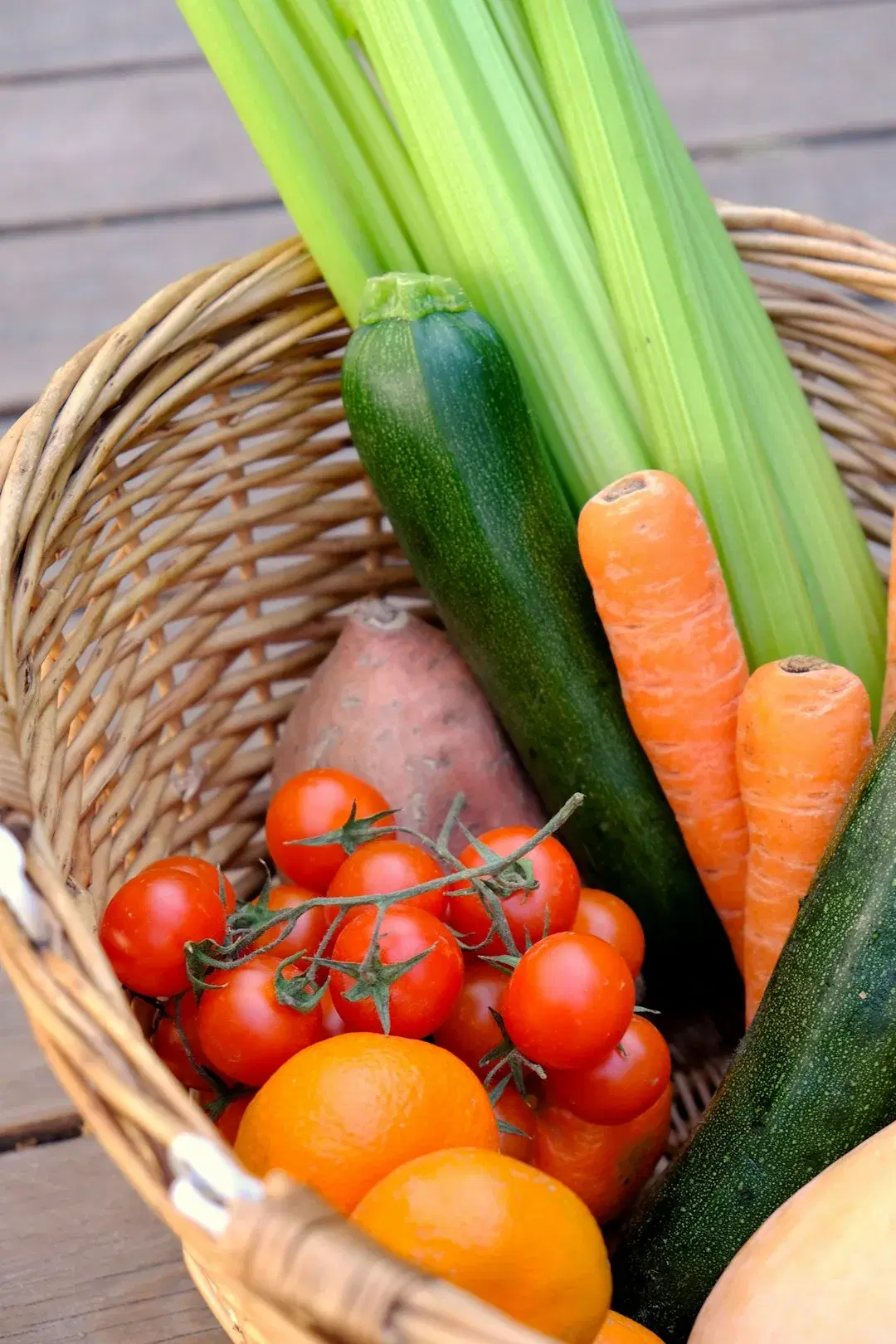 A woven basket filled with fresh produce