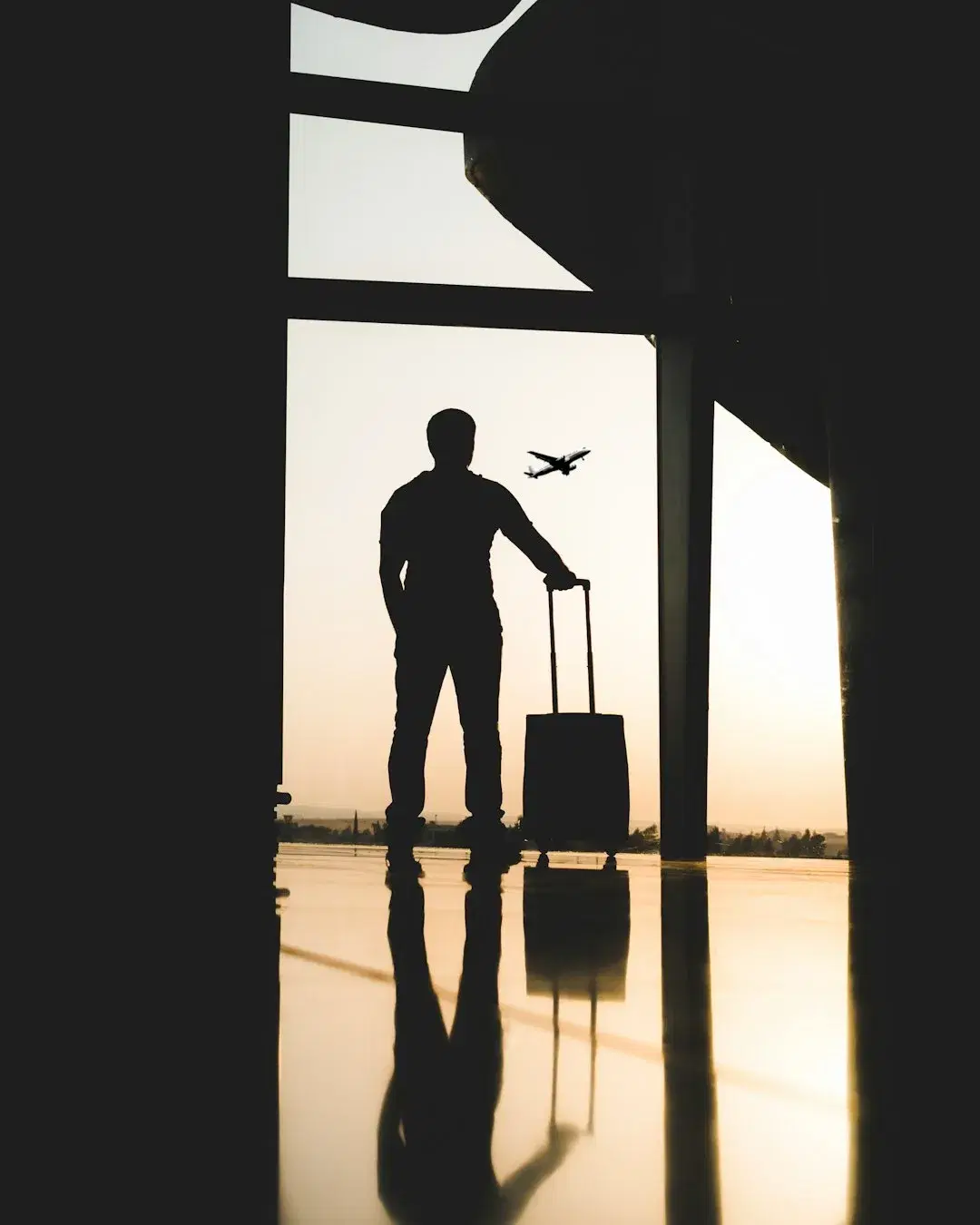 A traveller with a rolling suitcase watching a plane take off at sunset