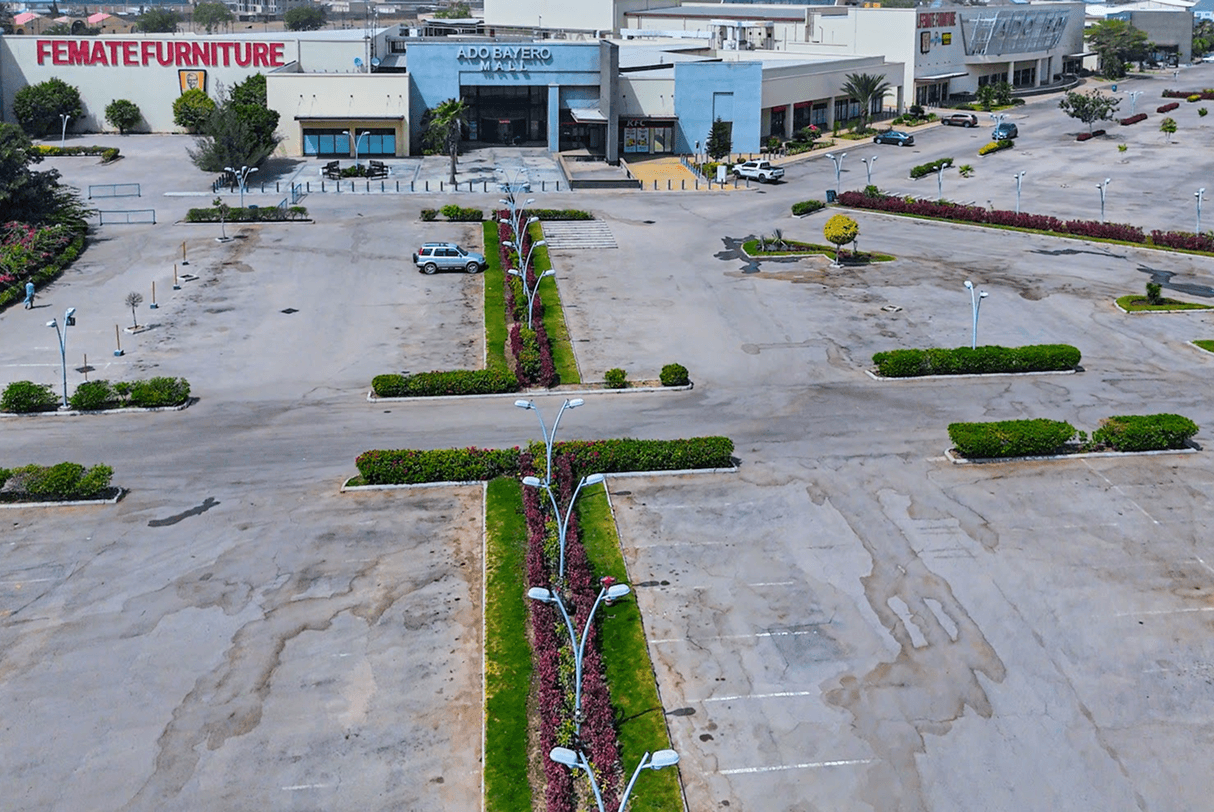 An aerial view of ABM Mall's parking lot