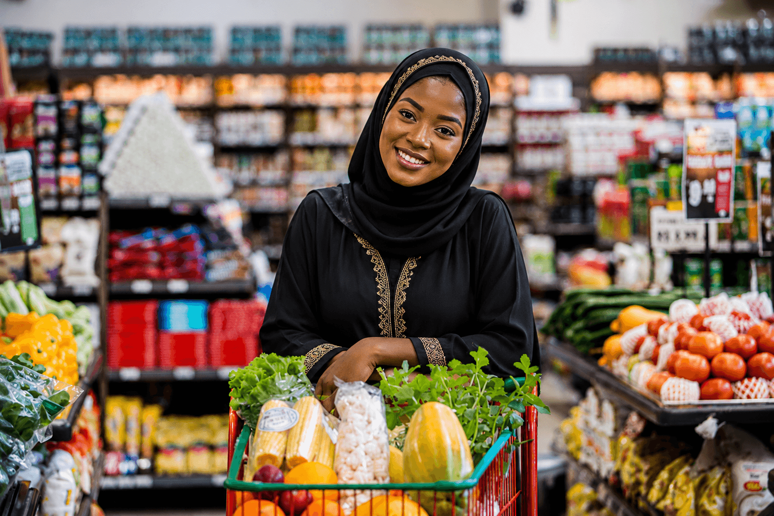 A shopper smiling while pushing a cart full of fresh groceries down a store aisle
